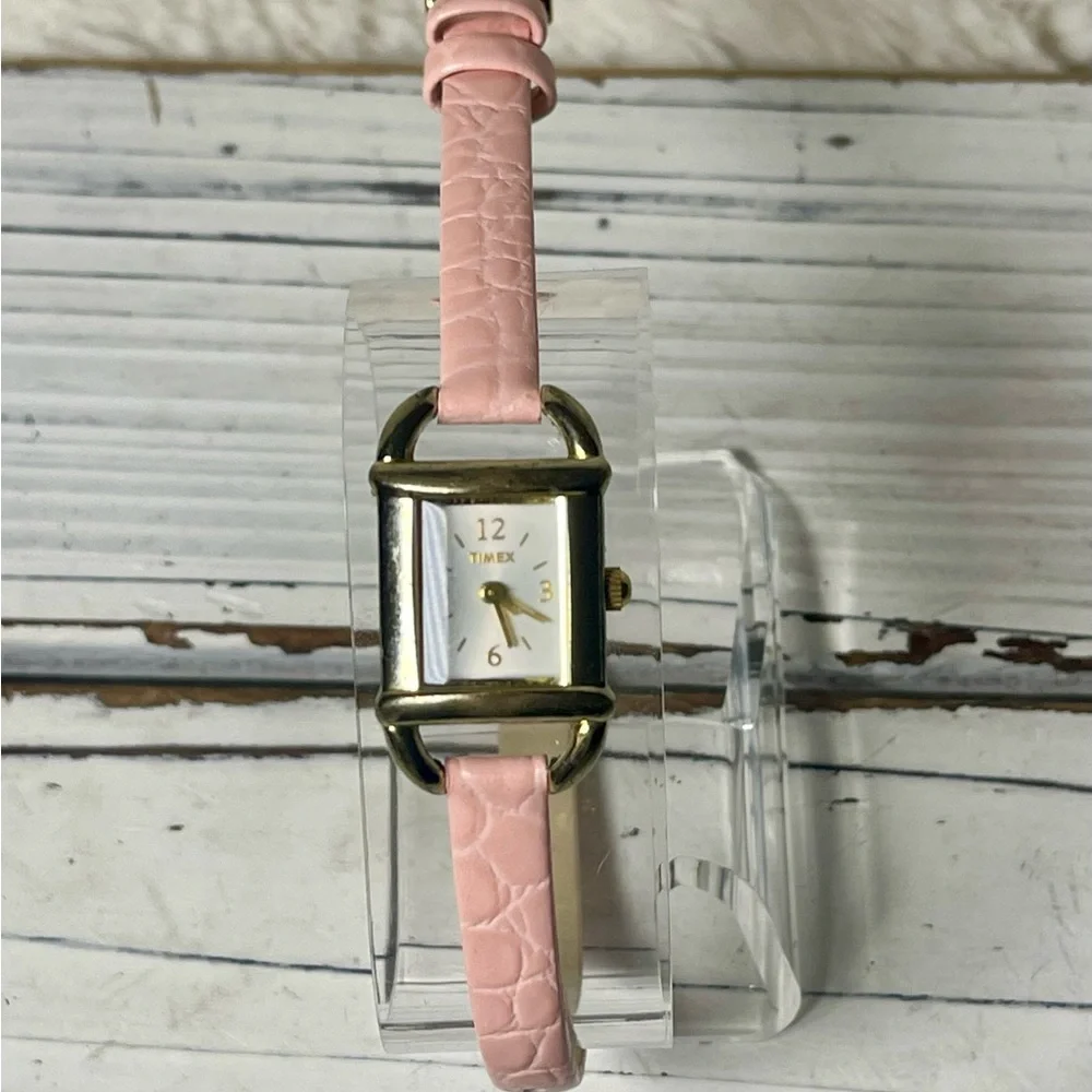 NEW BATTERY Y2K Timex Women’s Watch Pink Rose Leather Band Minimalist Gold‎ Tone